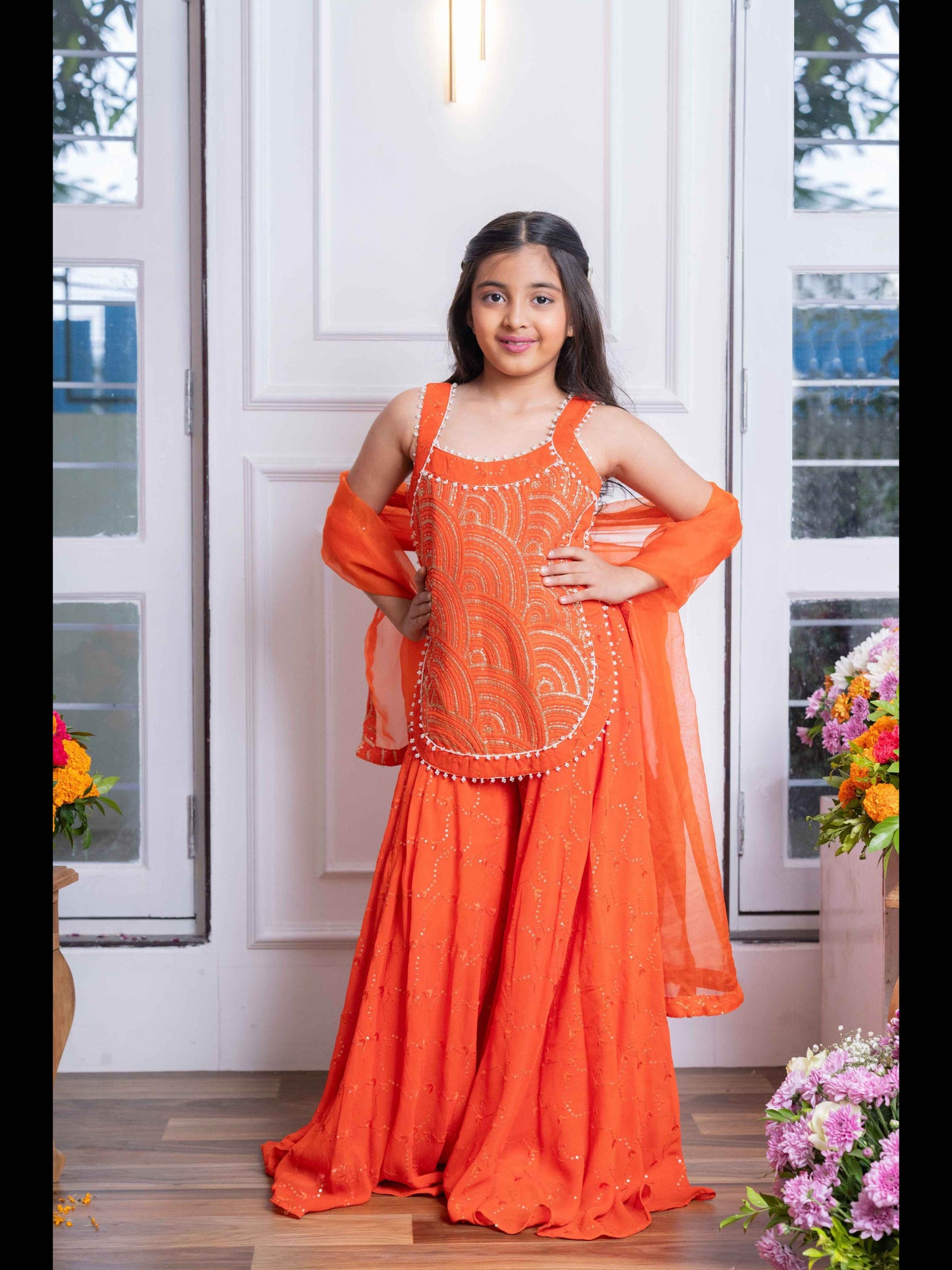 Vibrant Orange Mirror Work Sharara Set with Embroidered Crop Top and Dupatta – Perfect for Festive Celebrations and Weddings