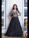 Elegant Black Embroidered Crop Top, Jacket, and Mirror Work Lehenga Set – Perfect for Weddings, Parties, and Festive Celebrations