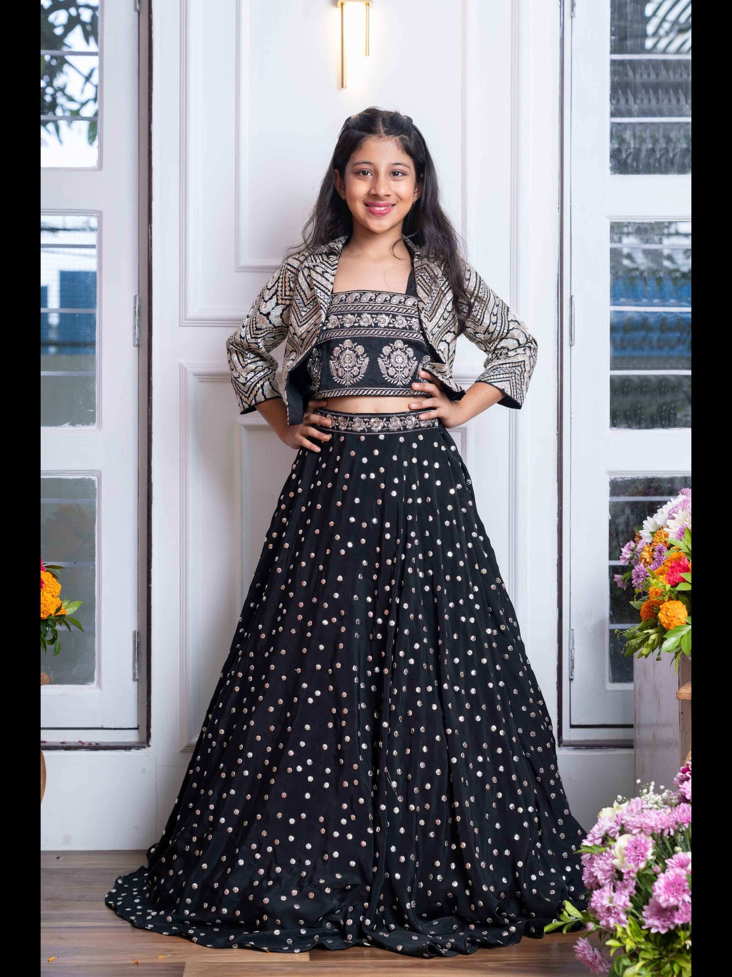 Elegant Black Embroidered Crop Top, Jacket, and Mirror Work Lehenga Set – Perfect for Weddings, Parties, and Festive Celebrations