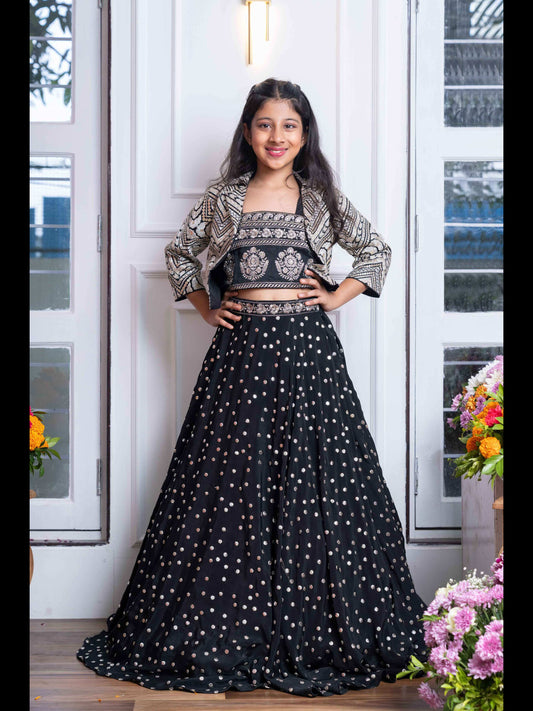 Elegant Black Embroidered Crop Top, Jacket, and Mirror Work Lehenga Set – Perfect for Weddings, Parties, and Festive Celebrations