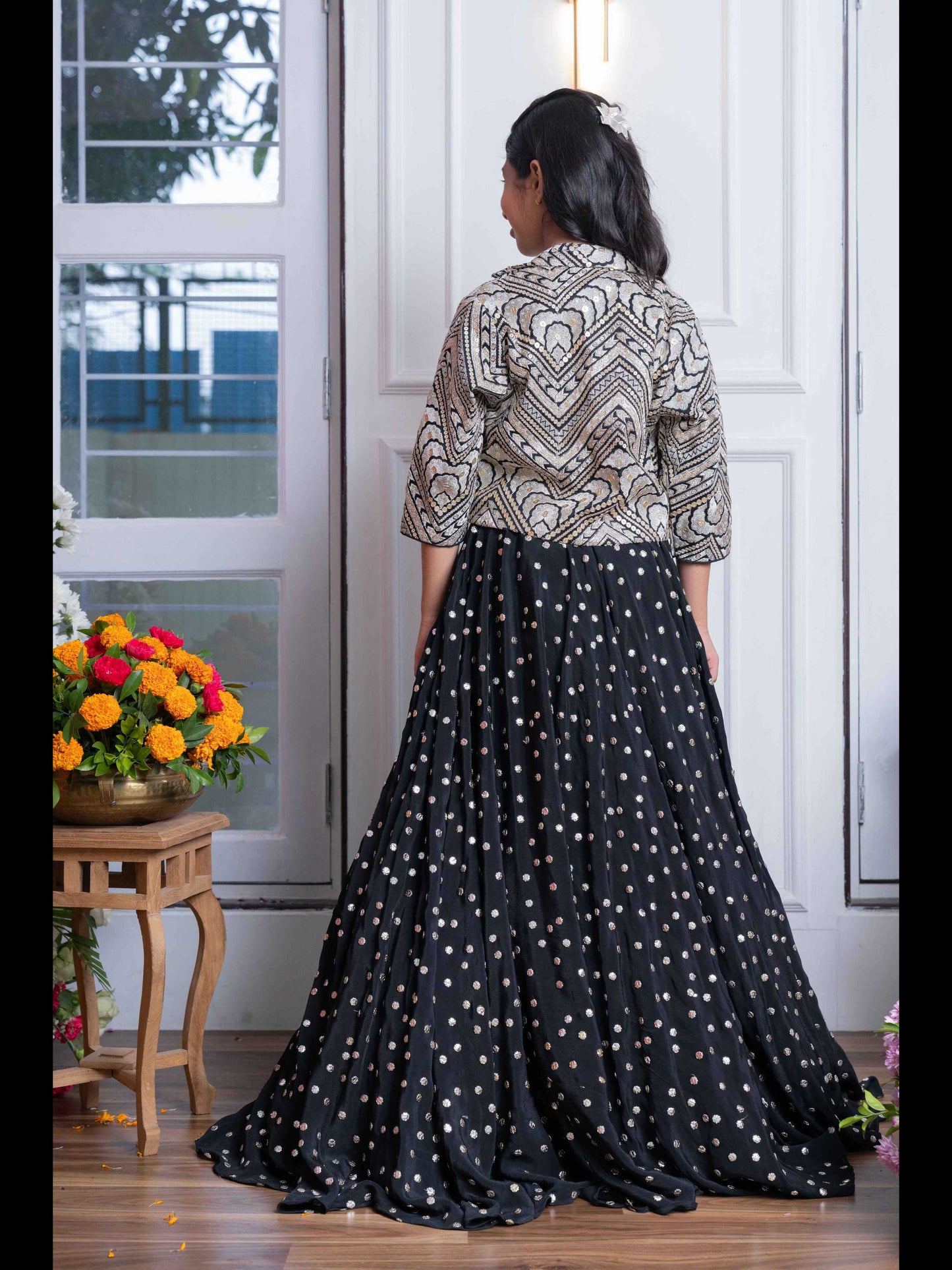 Elegant Black Embroidered Crop Top, Jacket, and Mirror Work Lehenga Set – Perfect for Weddings, Parties, and Festive Celebrations