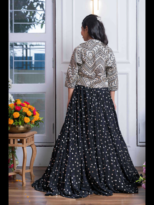 Elegant Black Embroidered Crop Top, Jacket, and Mirror Work Lehenga Set – Perfect for Weddings, Parties, and Festive Celebrations