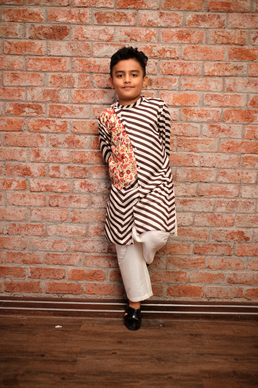 Chromatic Fusion Boys  Black & White stripe Kurta Pant Set