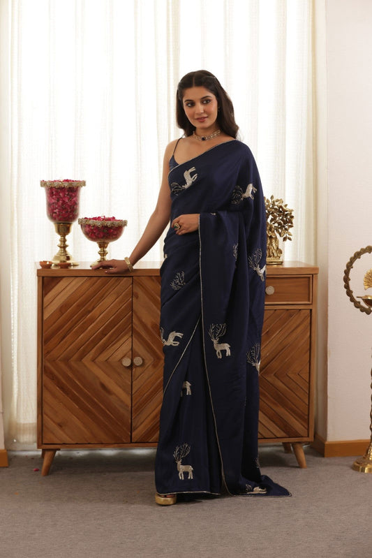 Deer Blue Hand-Embroidered Upada Silk Saree - Ensembles
