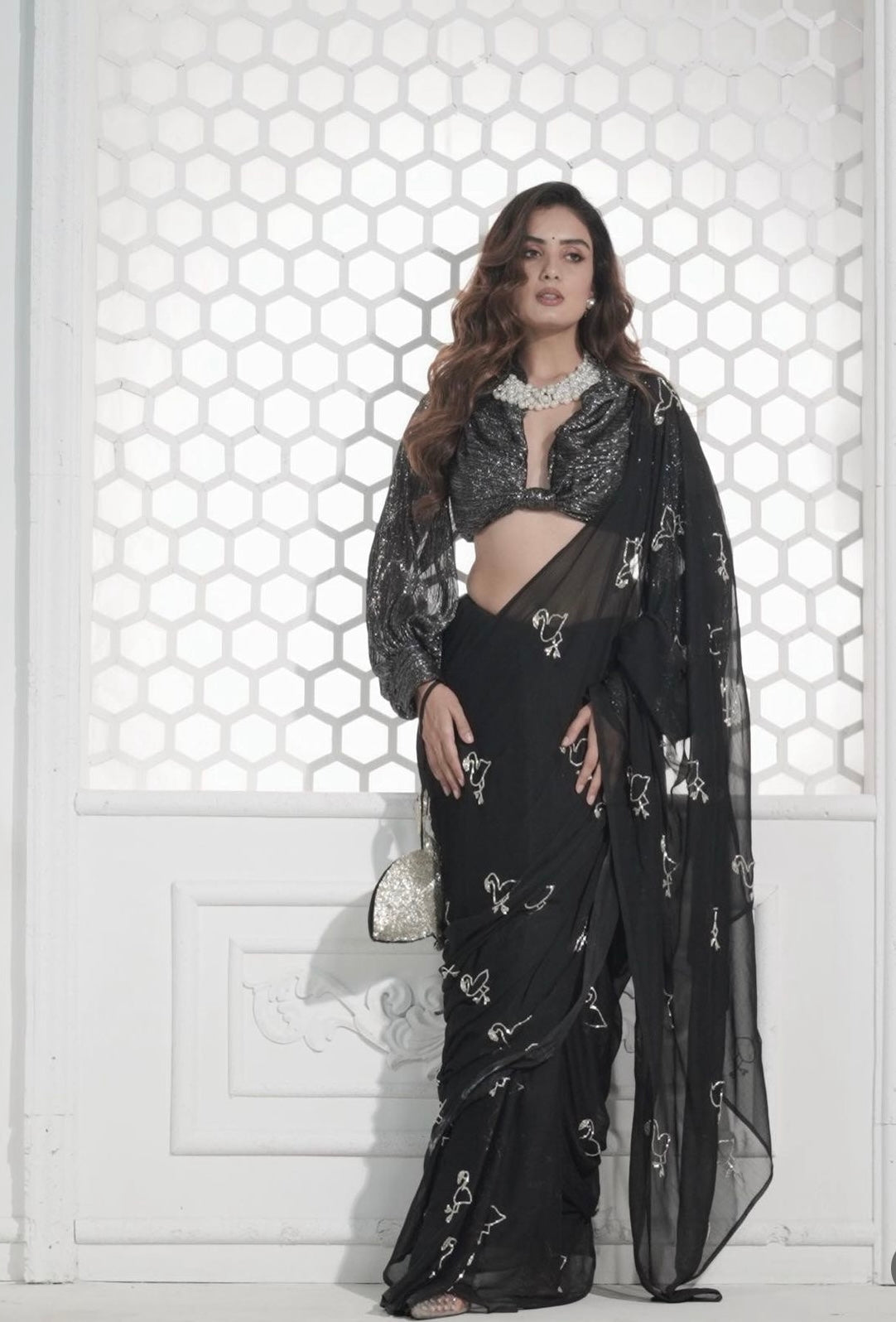 Flamingo Black Chiffon Saree - Ensembles