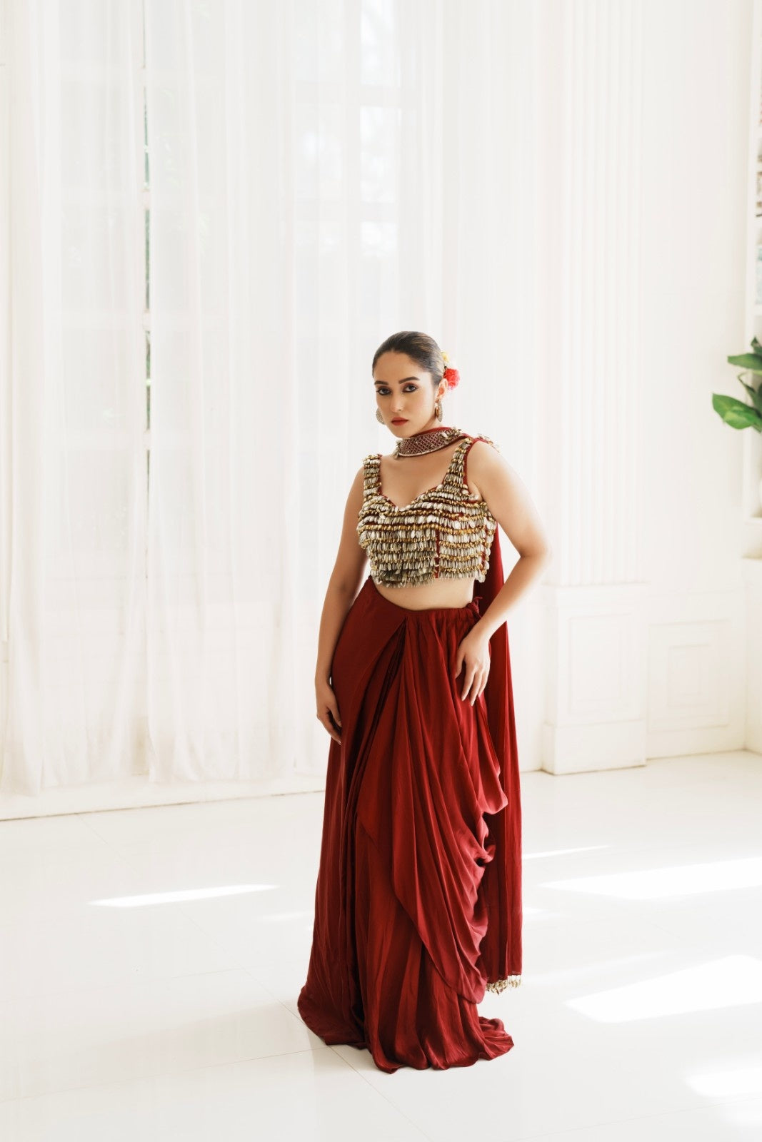 Raspberry Satin Drape Saree