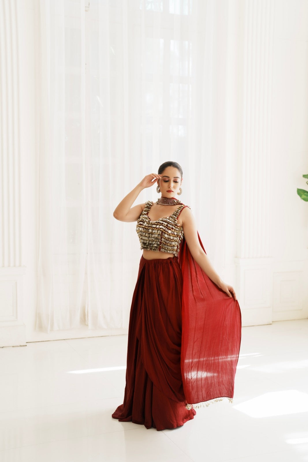 Raspberry Satin Drape Saree
