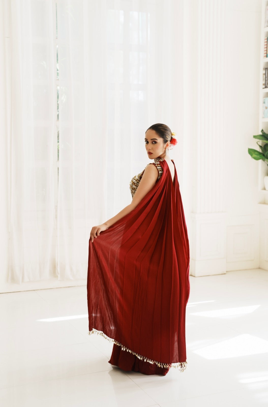 Raspberry Satin Drape Saree