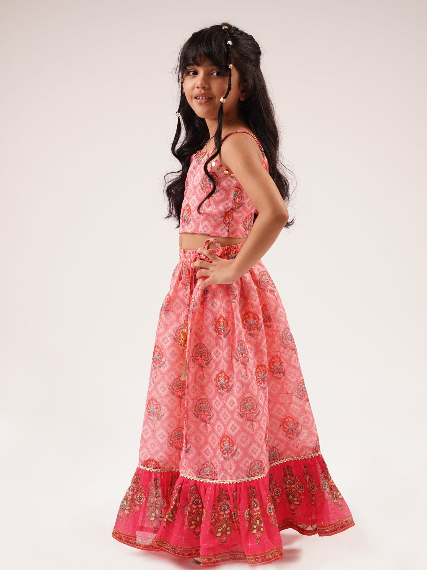 Raangoli Girls Pink Embroidered Lehanga Choli Set