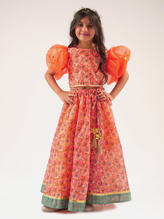 Raangoli Girls Orange Lehanga Choli Set