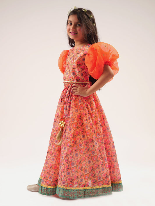 Raangoli Girls Orange Lehanga Choli Set