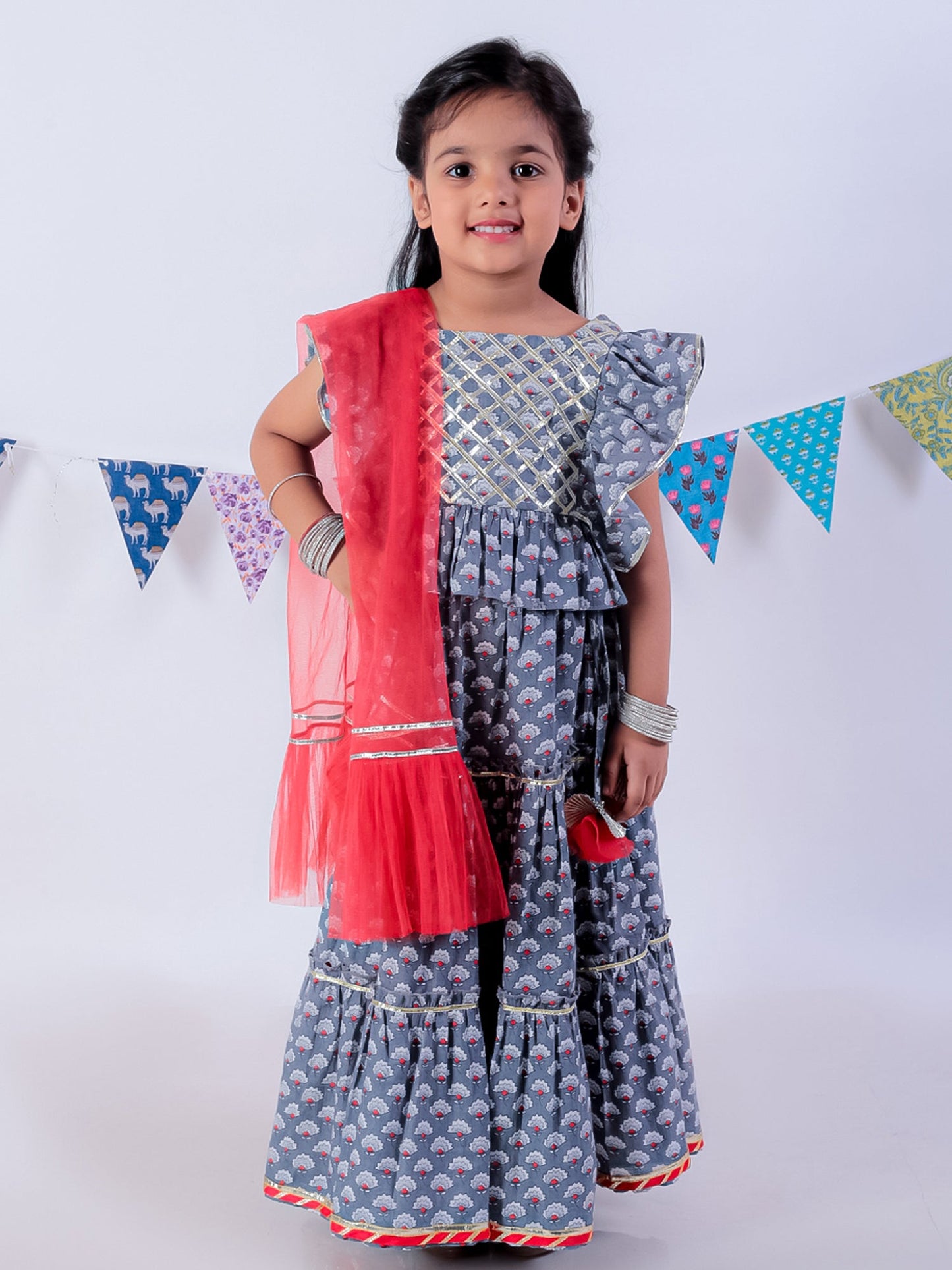 Jaipur Girls Grey Cotton Lehanga and Choli with Dupata Ethnic Set