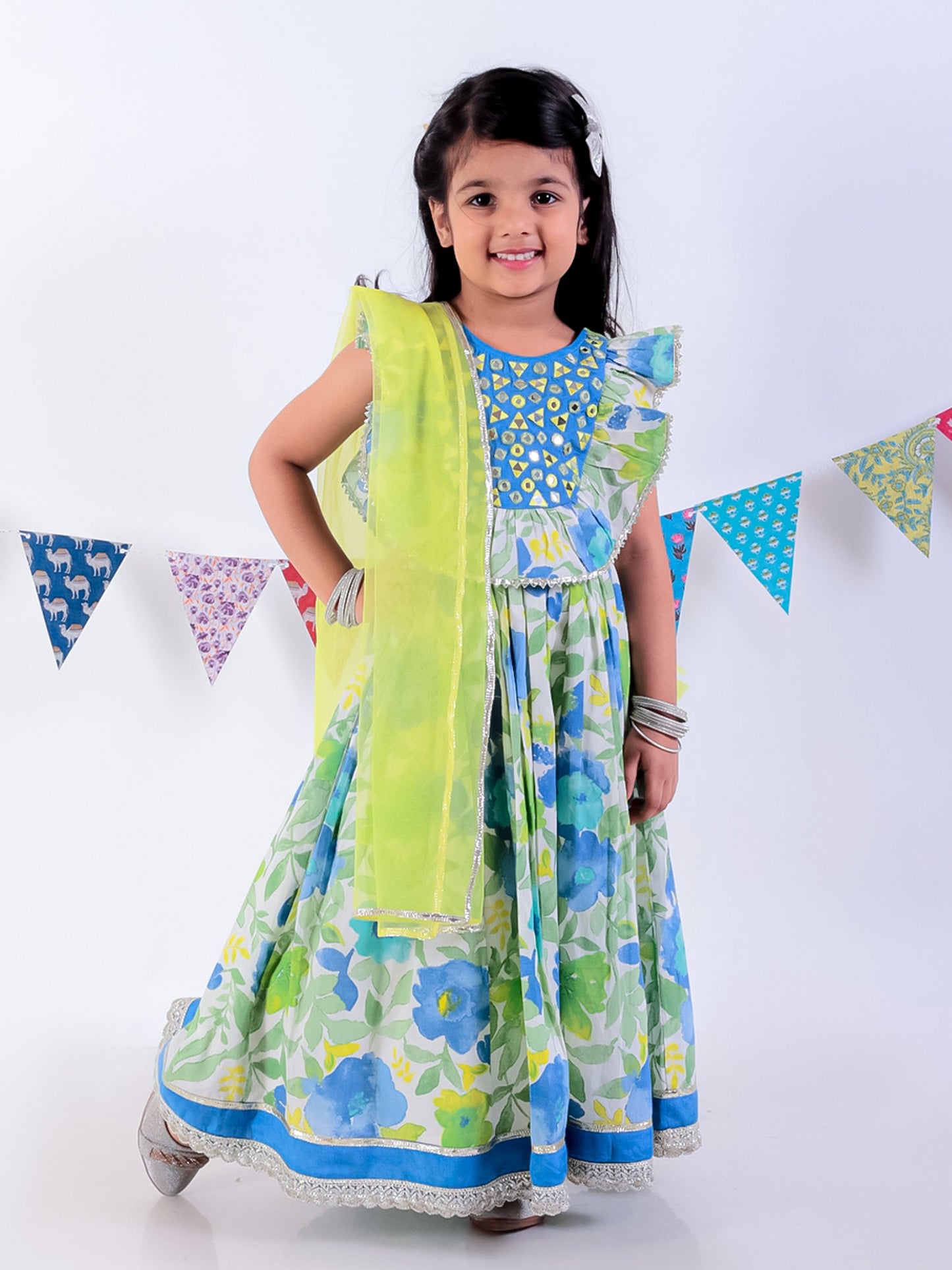 Jaipur Girls Green Cotton Lehanga and Choli with Dupata Ethnic Set