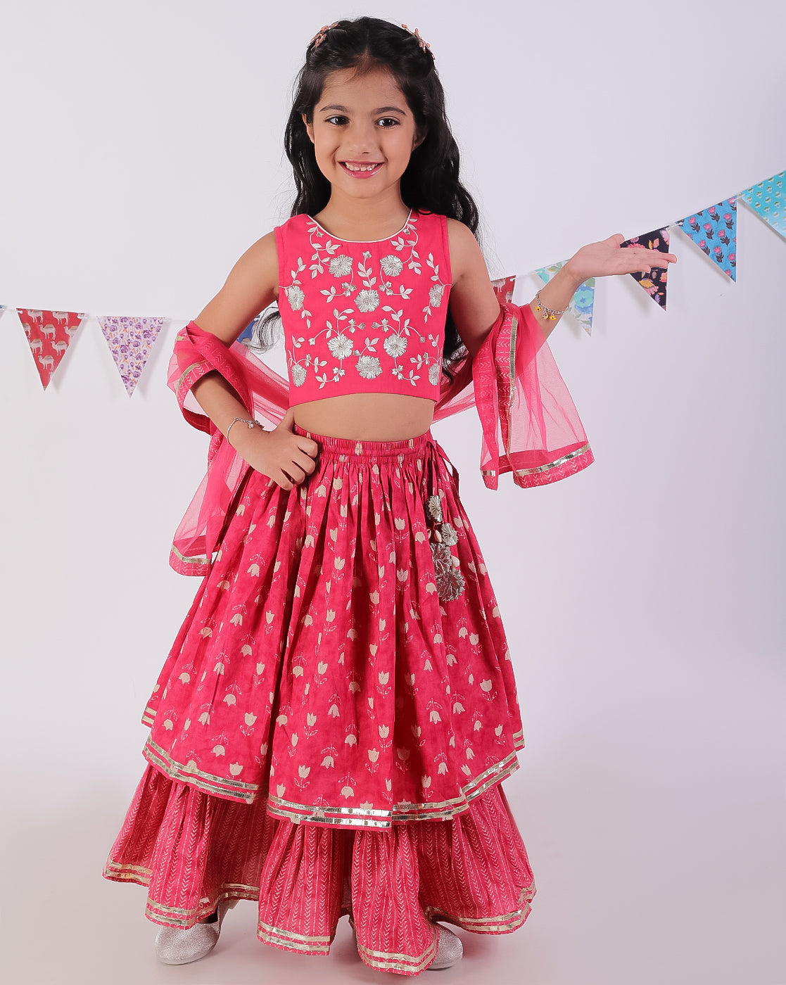 Jaipur Girls Red Cotton Lehanga and Choli with Dupata Ethnic Set