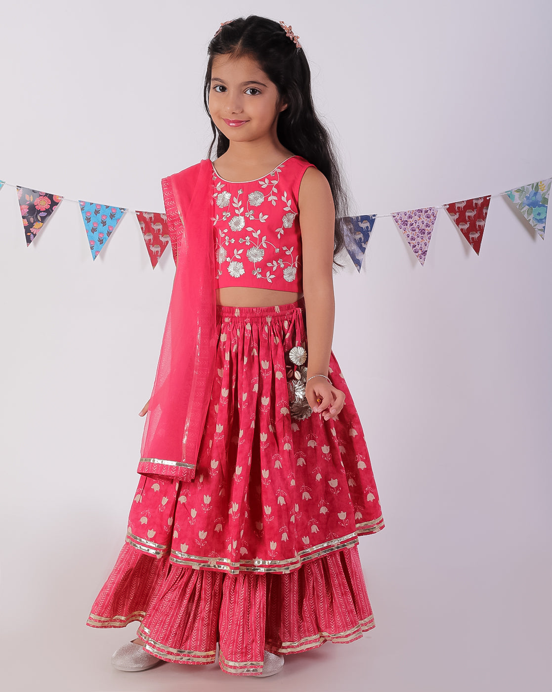 Jaipur Girls Red Cotton Lehanga and Choli with Dupata Ethnic Set