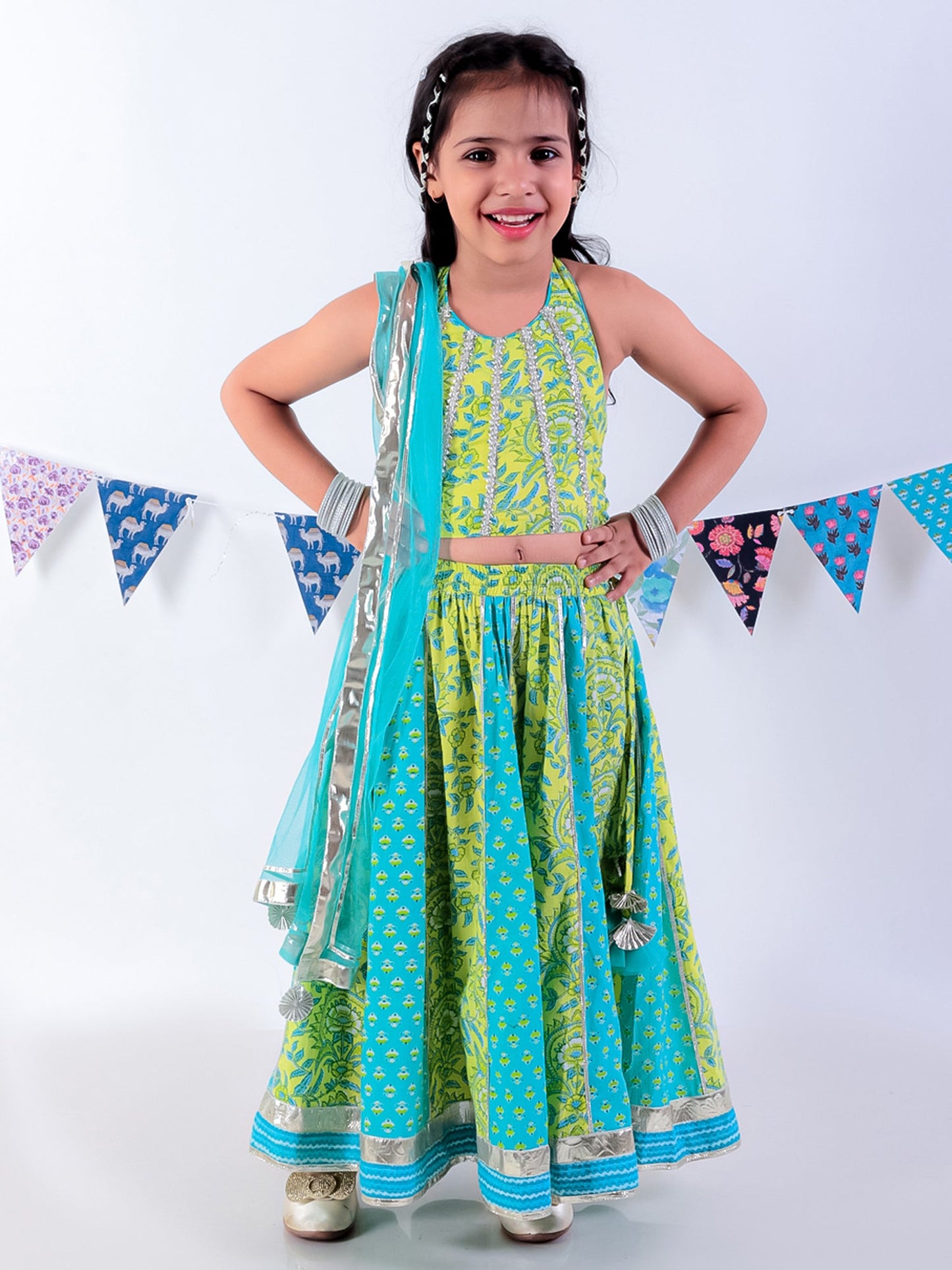 Jaipur Girls Green Cotton Lehanga and Choli with Dupata Ethnic Set
