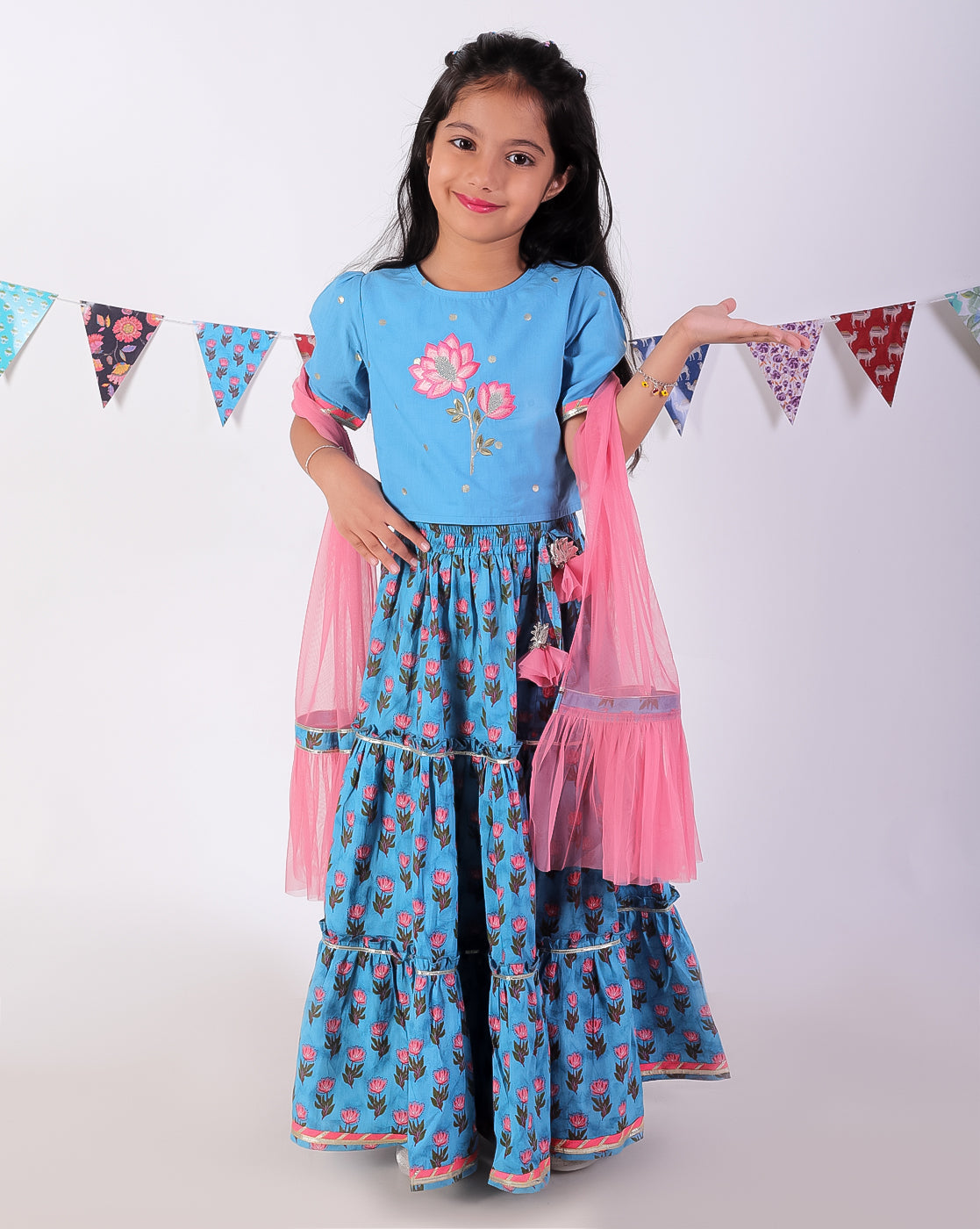 Jaipur Girls Blue Cotton Lehanga and Choli with Dupata Ethnic Set
