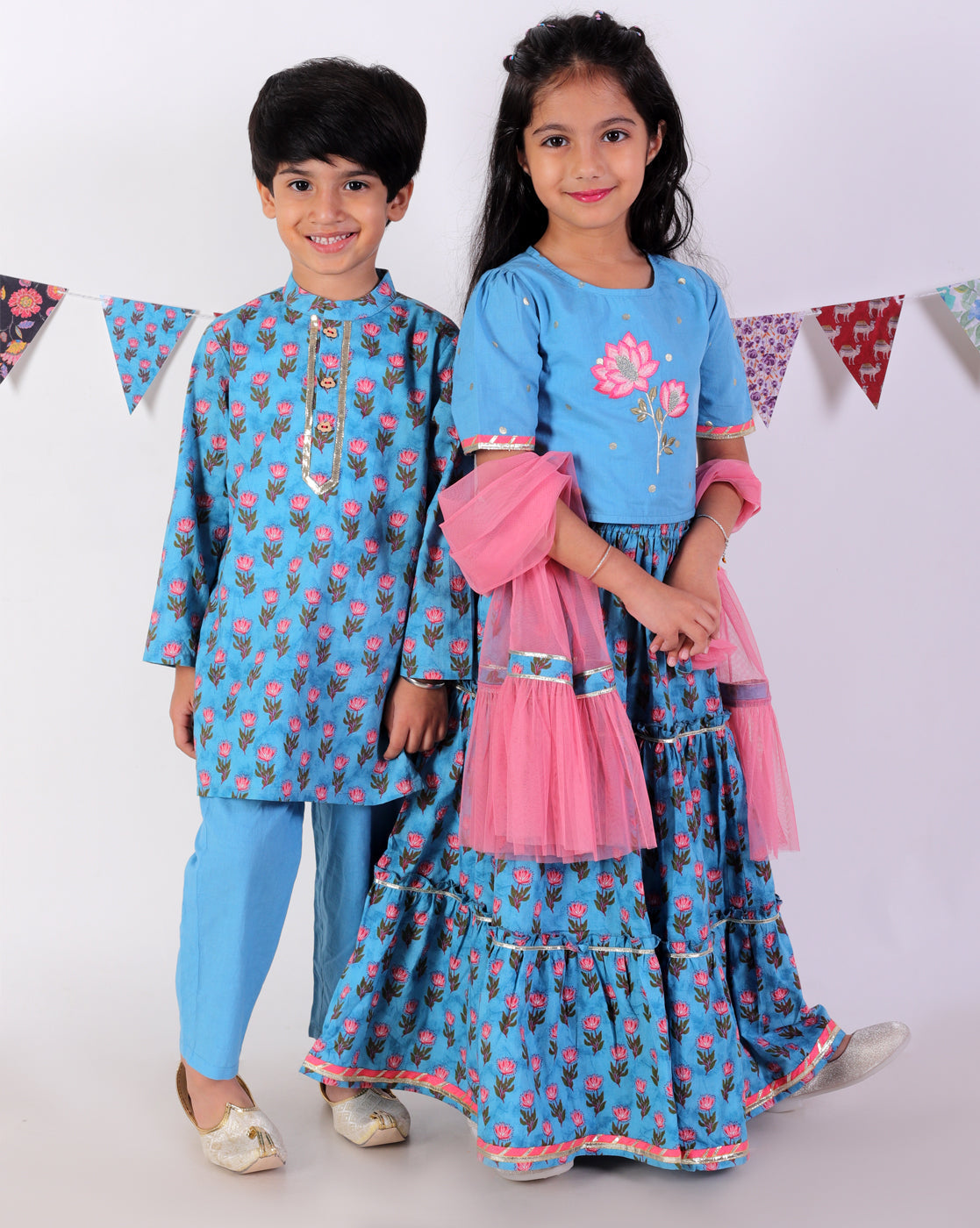 Jaipur Girls Blue Cotton Lehanga and Choli with Dupata Ethnic Set