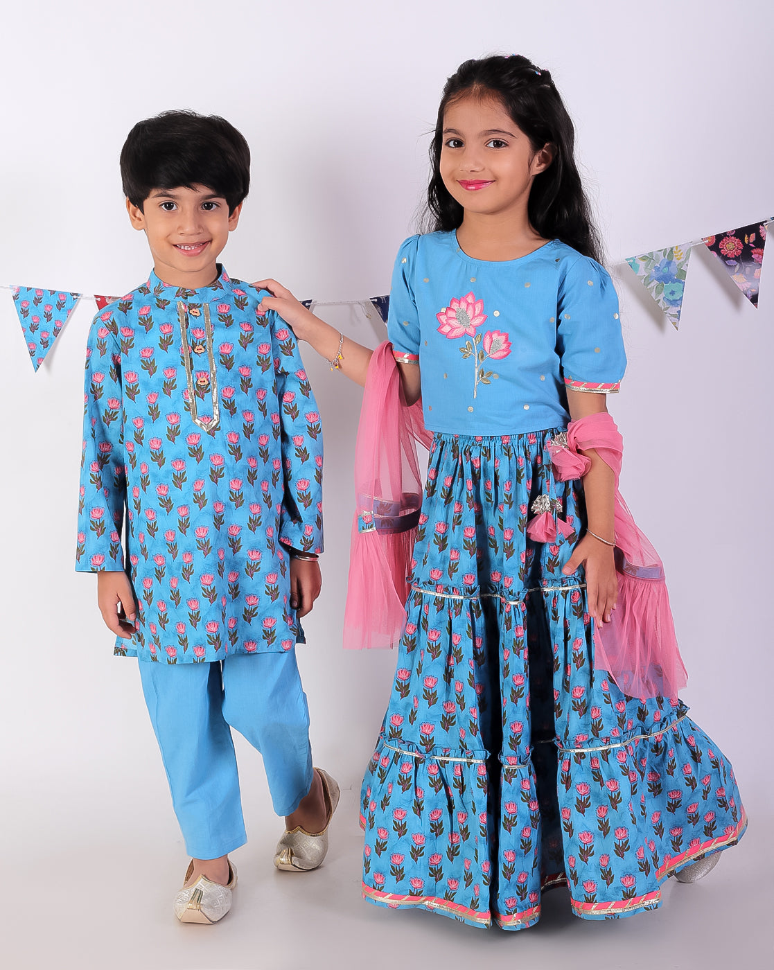 Jaipur Girls Blue Cotton Lehanga and Choli with Dupata Ethnic Set