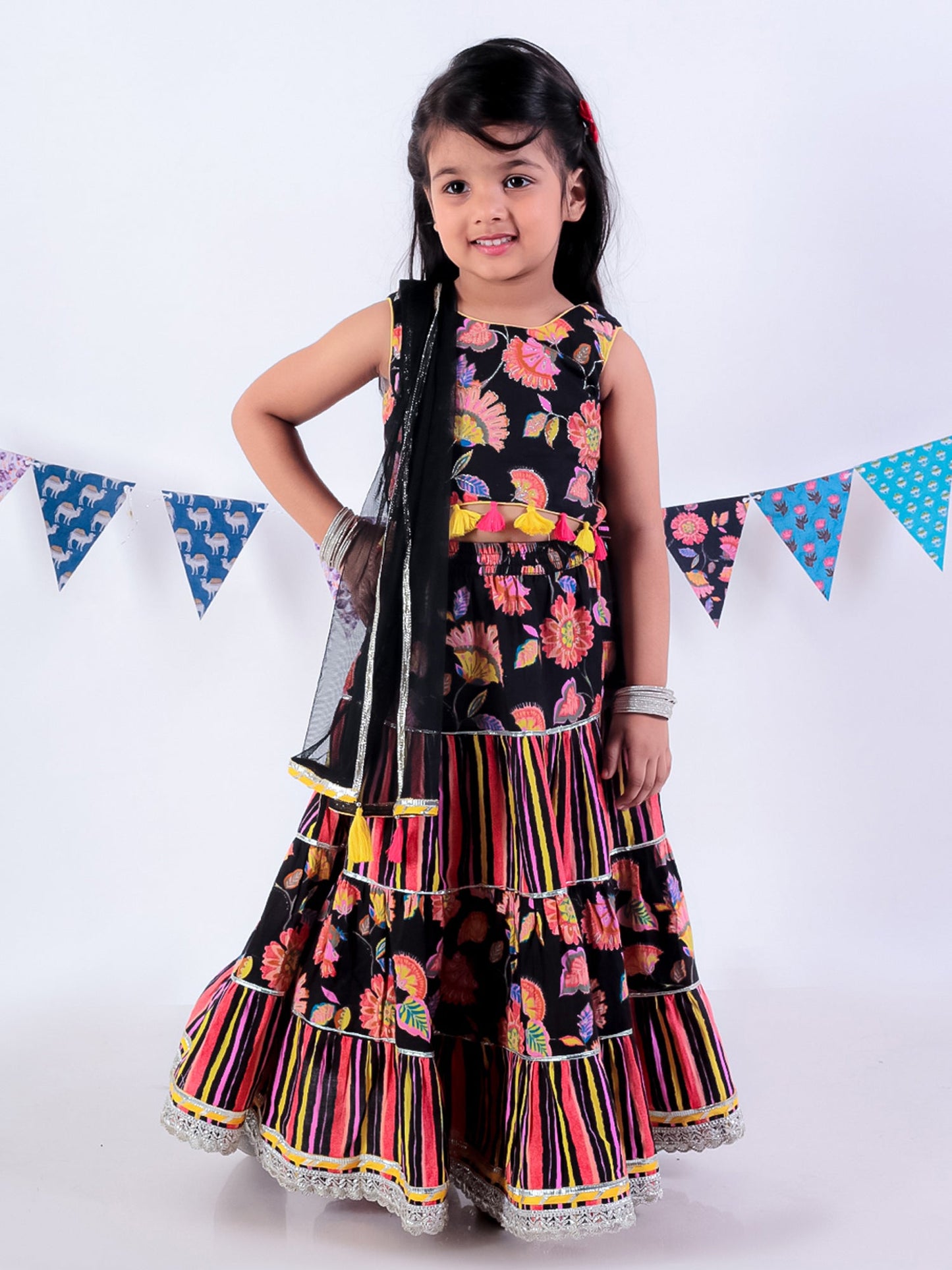 Jaipur Girls Black Cotton Lehanga and Choli with Dupata Ethnic Set