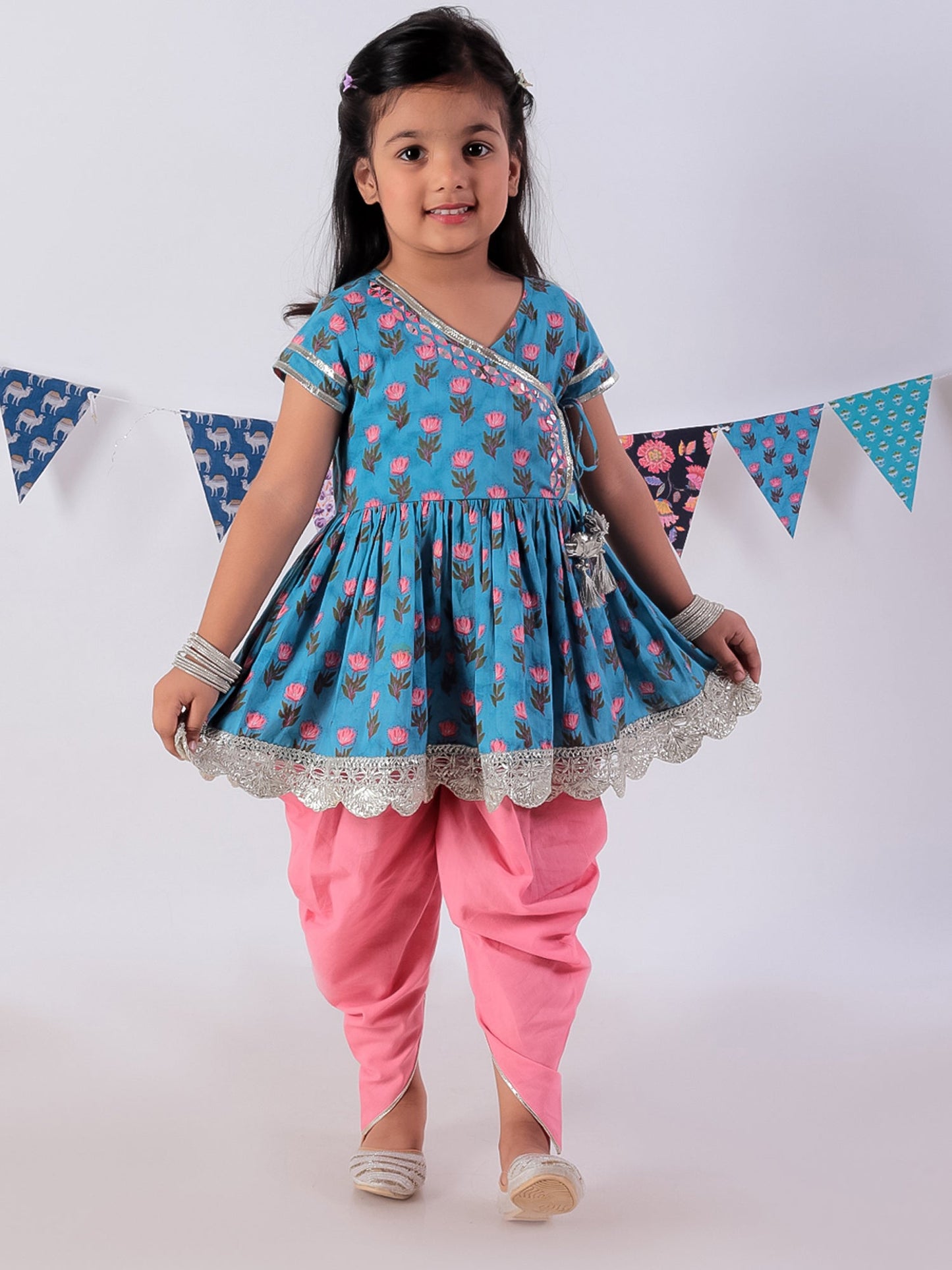 Jaipur Girls Blue Cotton Kurta with Dhoti Ethnic Set