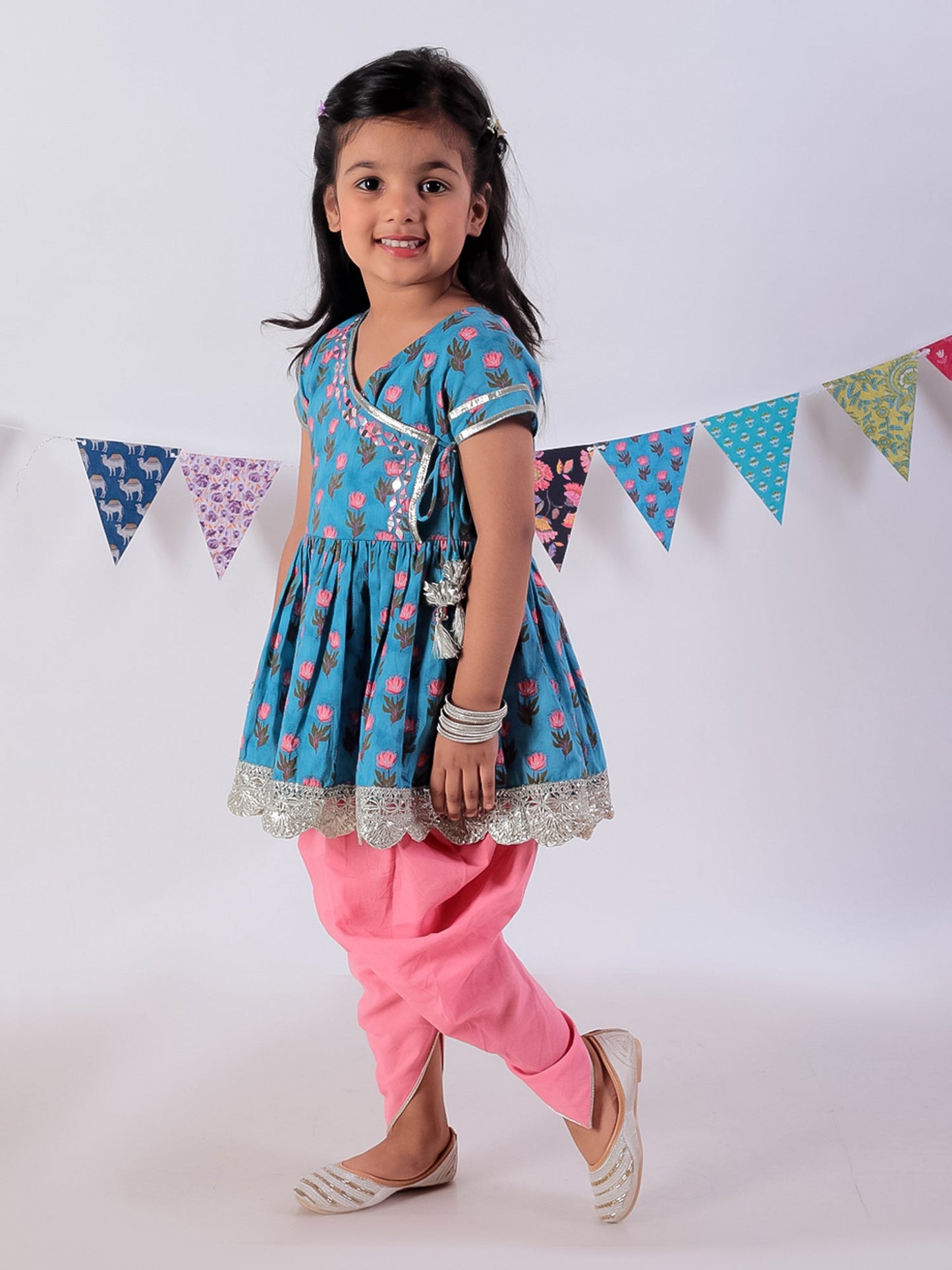Jaipur Girls Blue Cotton Kurta with Dhoti Ethnic Set