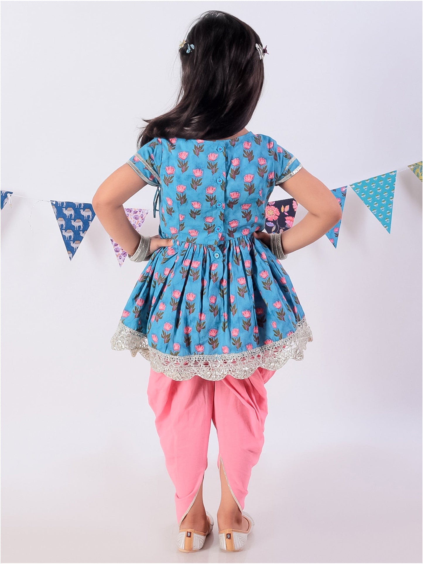 Jaipur Girls Blue Cotton Kurta with Dhoti Ethnic Set