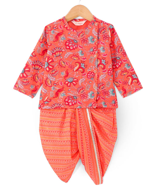 Golden Weaves Boys Orange Kurta With Dhoti Set