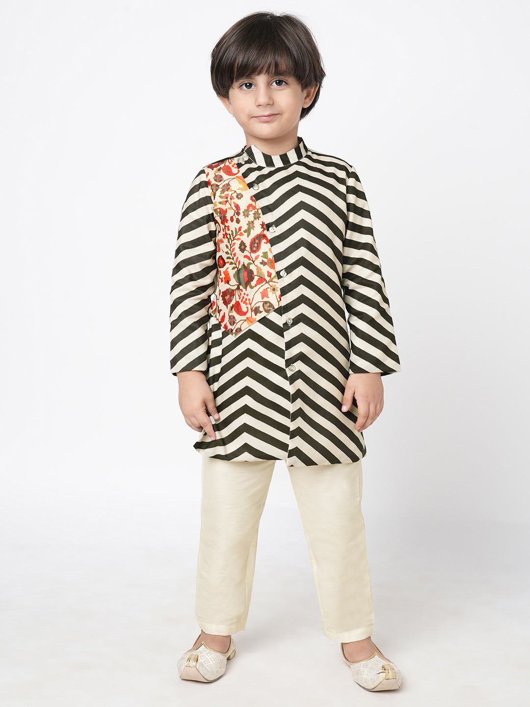 Chromatic Fusion Boys  Black & White stripe Kurta Pant Set