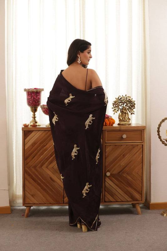 Leopard Hand-Embroidered Upada Silk Saree - Ensembles