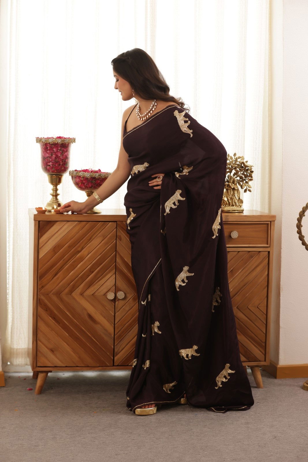 Leopard Hand-Embroidered Upada Silk Saree - Ensembles