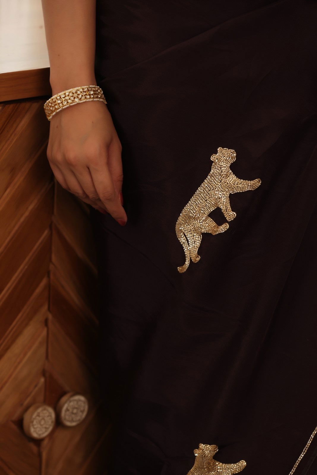 Leopard Hand-Embroidered Upada Silk Saree - Ensembles