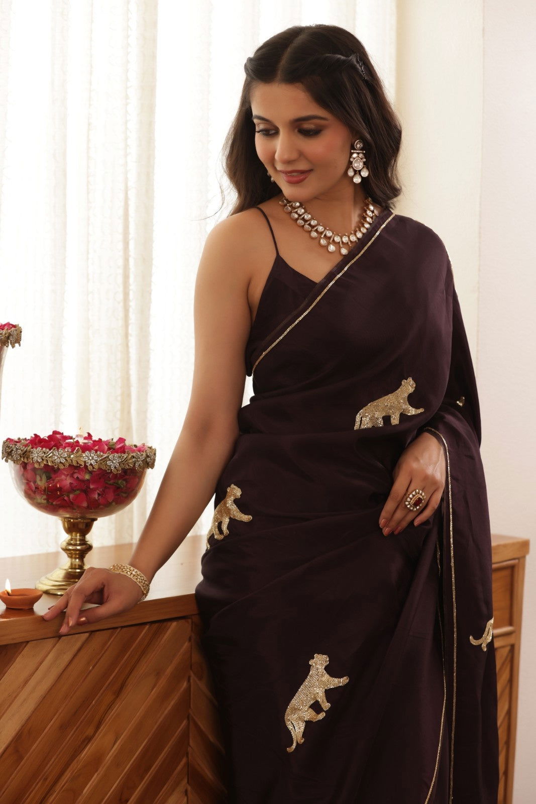 Leopard Hand-Embroidered Upada Silk Saree - Ensembles