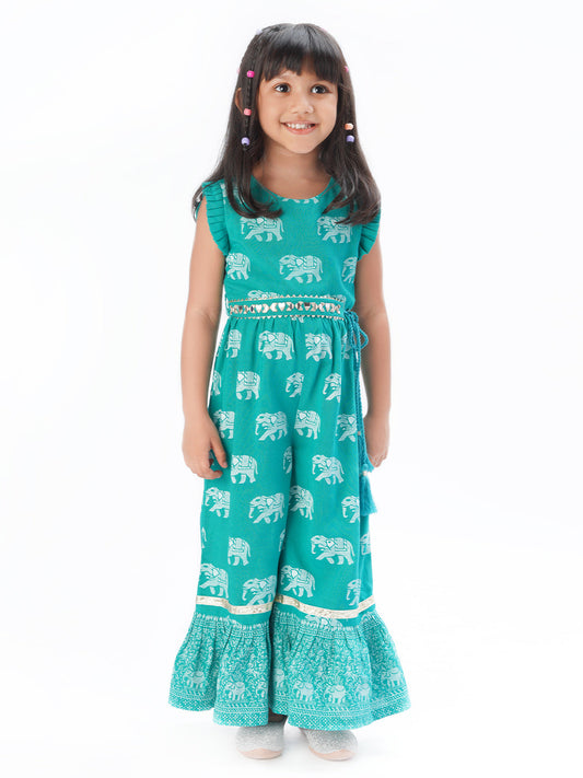 Trunk Tales Girls Green Jumper with Flared Bottom