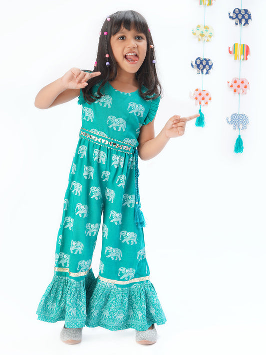 Trunk Tales Girls Green Jumper with Flared Bottom