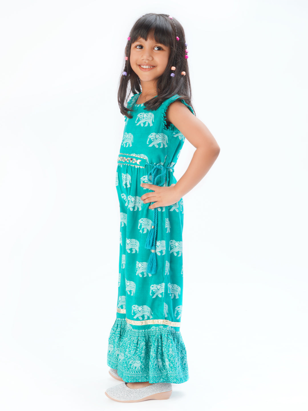 Trunk Tales Girls Green Jumper with Flared Bottom