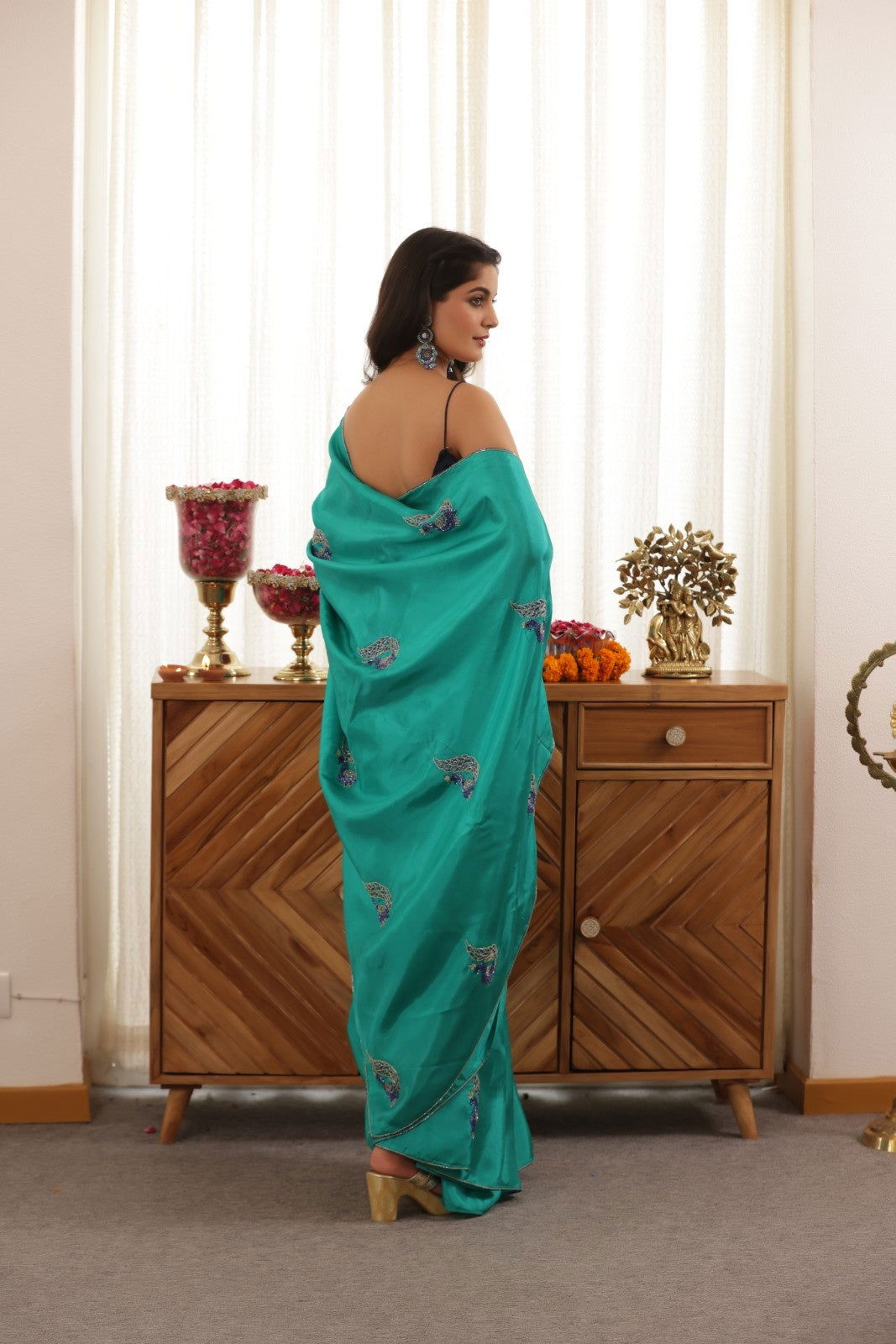 Peacock Green Hand-Embroidered Upada Silk Saree - Ensembles