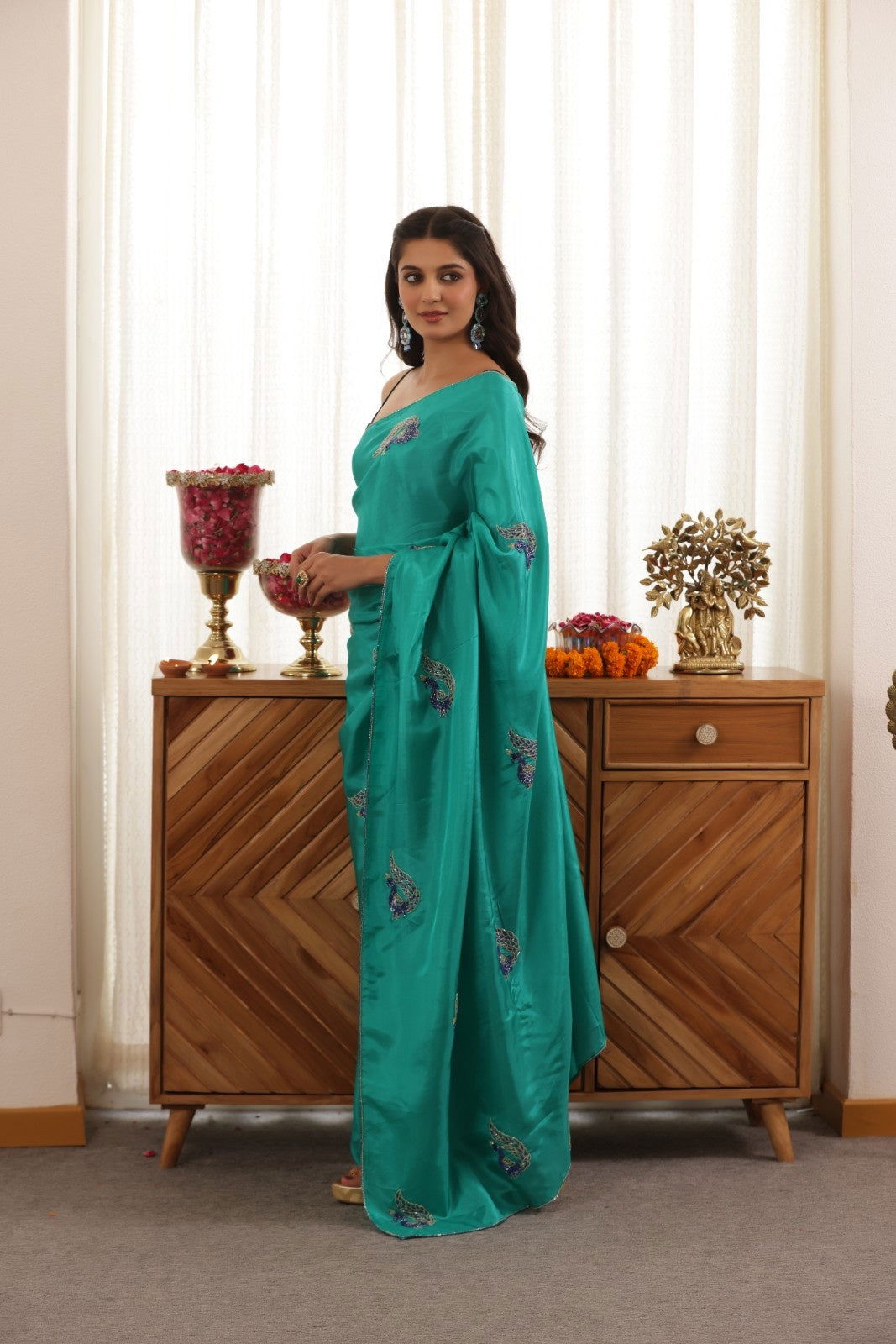 Peacock Green Hand-Embroidered Upada Silk Saree - Ensembles