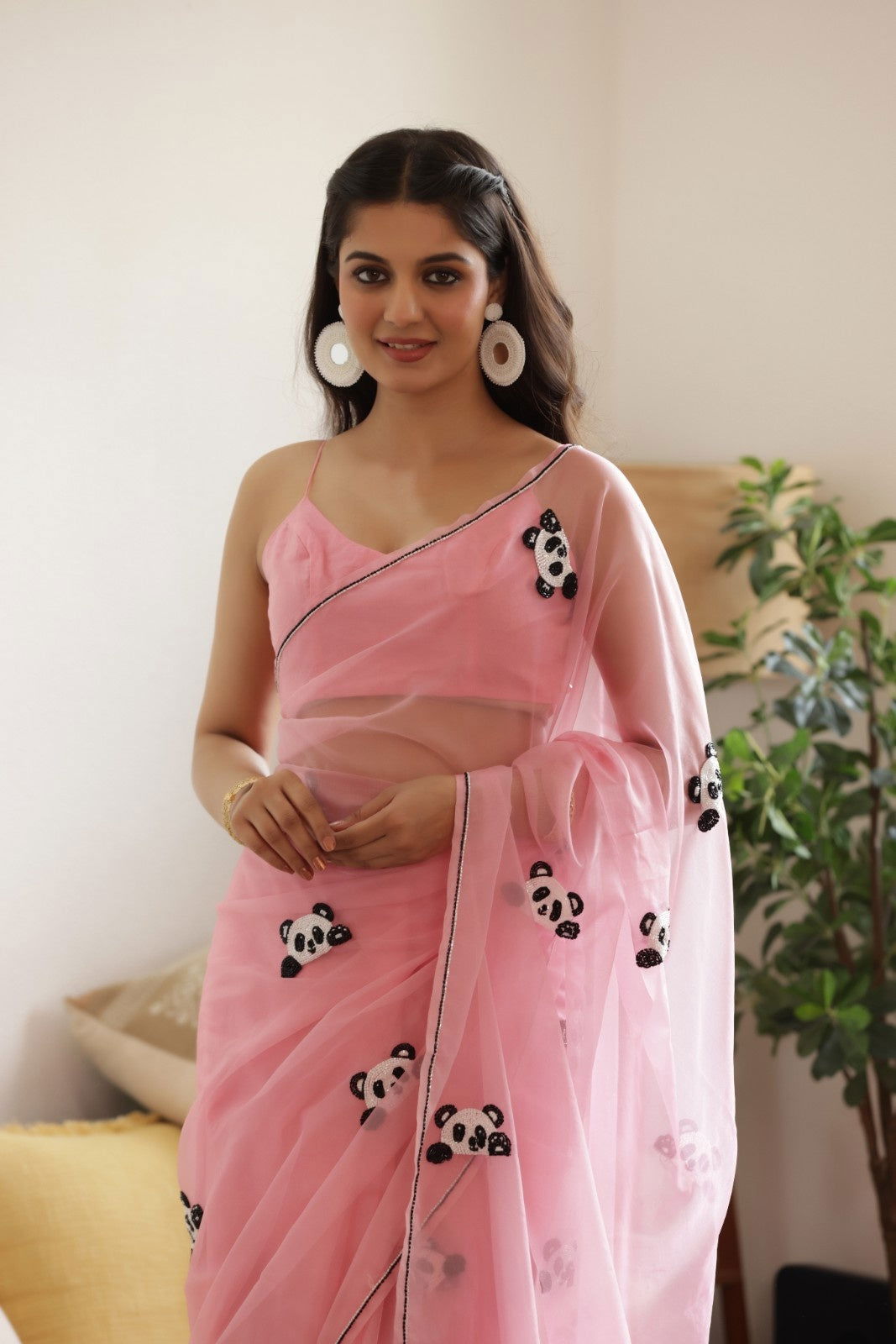 Pink Panda Hand-Embroidered Silk Organza Saree - Ensembles