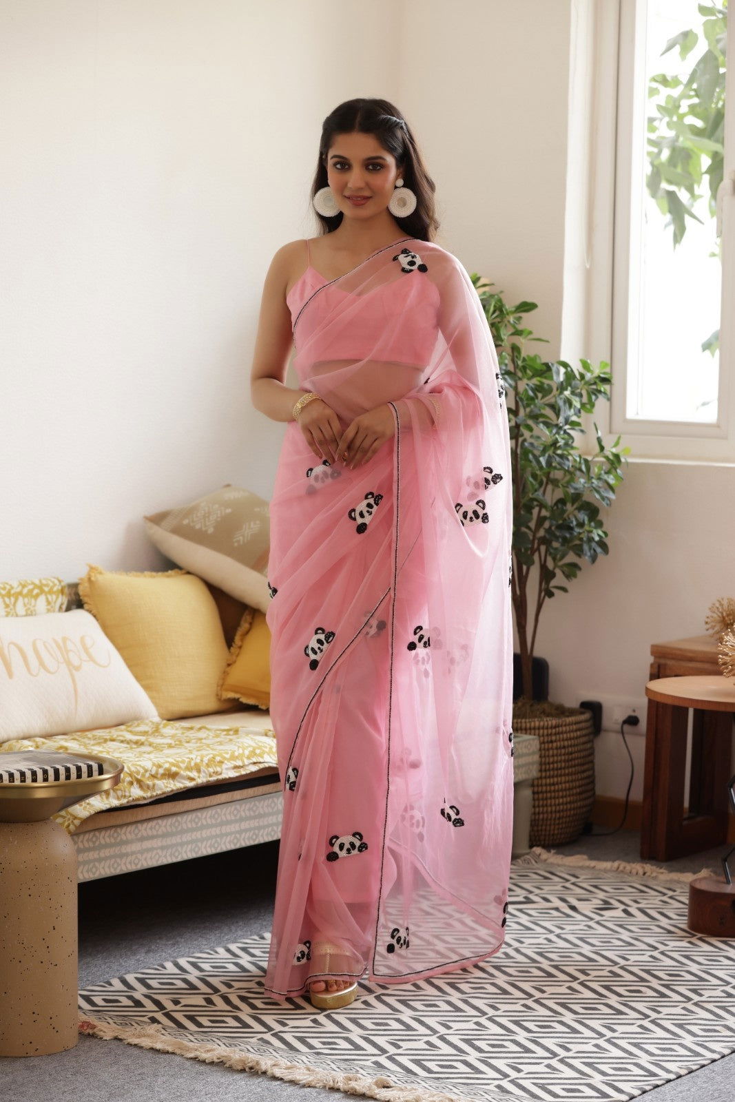 Pink Panda Hand-Embroidered Silk Organza Saree - Ensembles