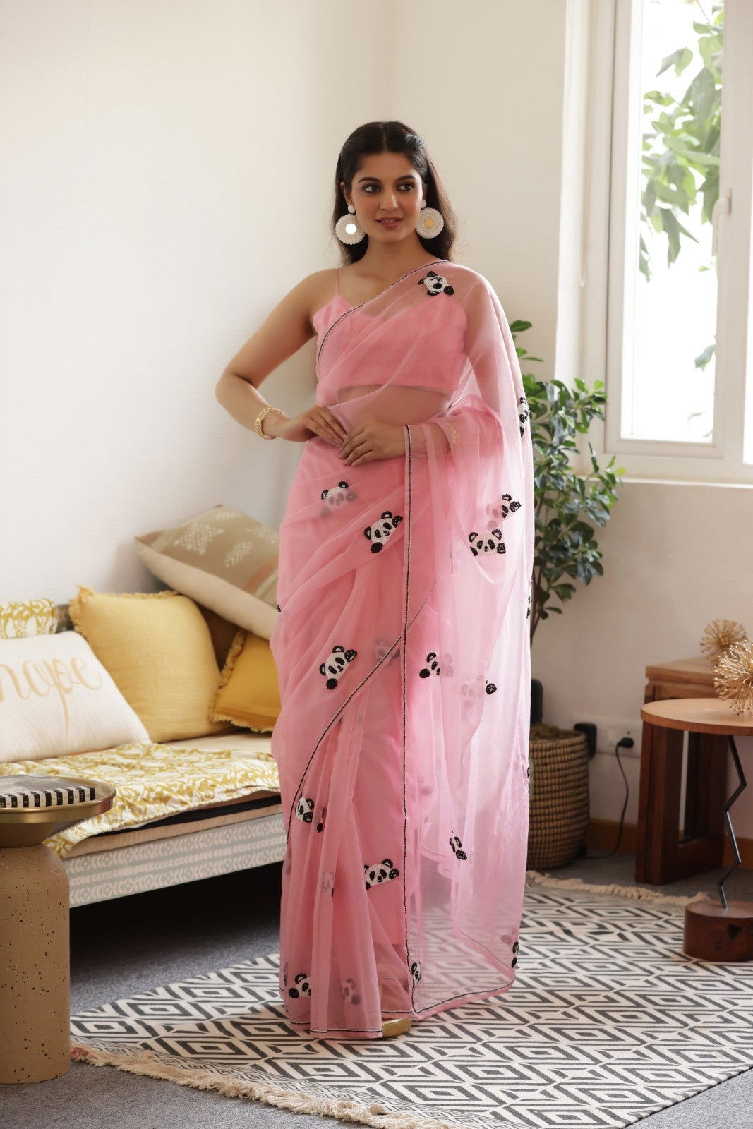 Pink Panda Hand-Embroidered Silk Organza Saree - Ensembles
