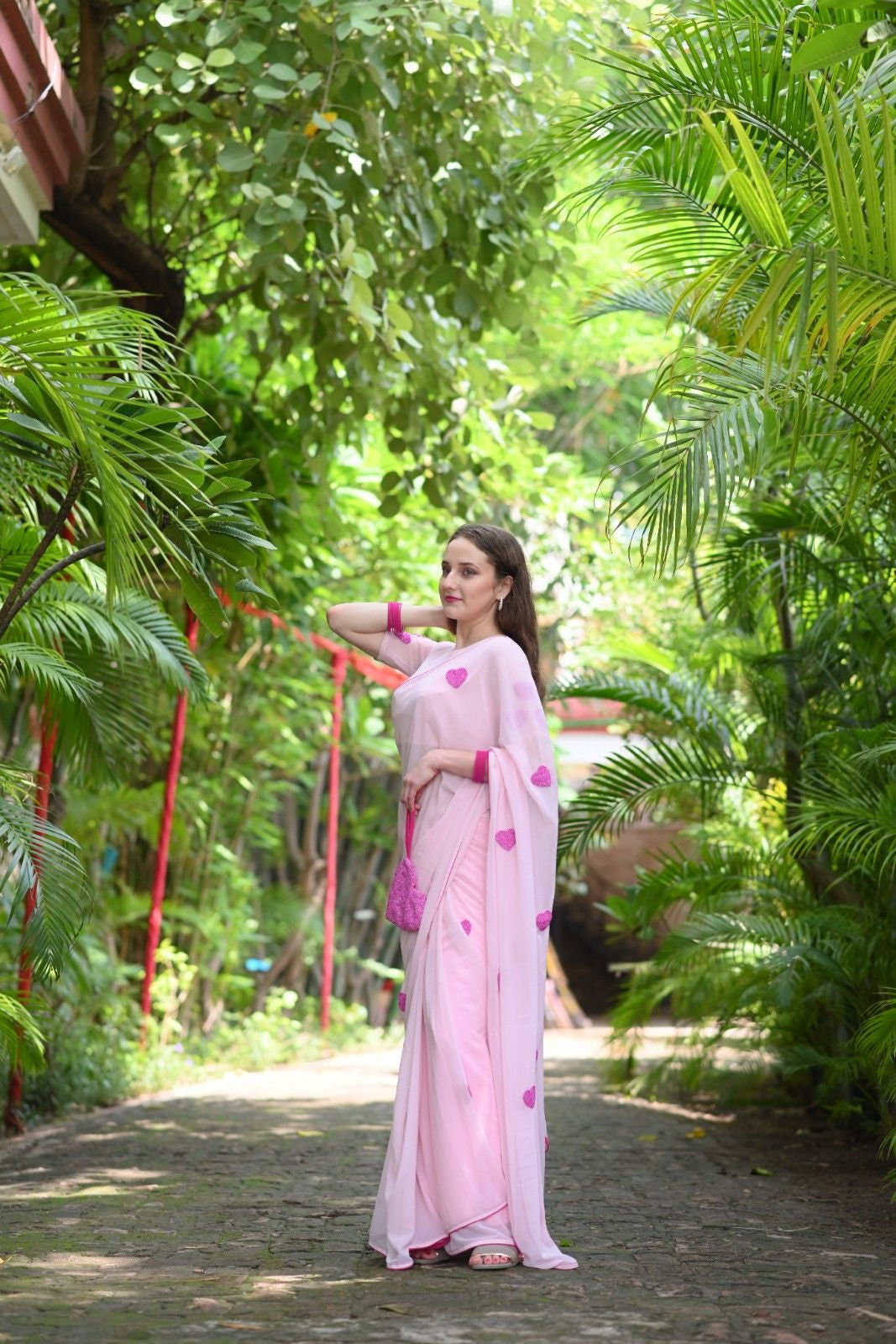 Pink on Pink Heart Georgette Saree - Ensembles