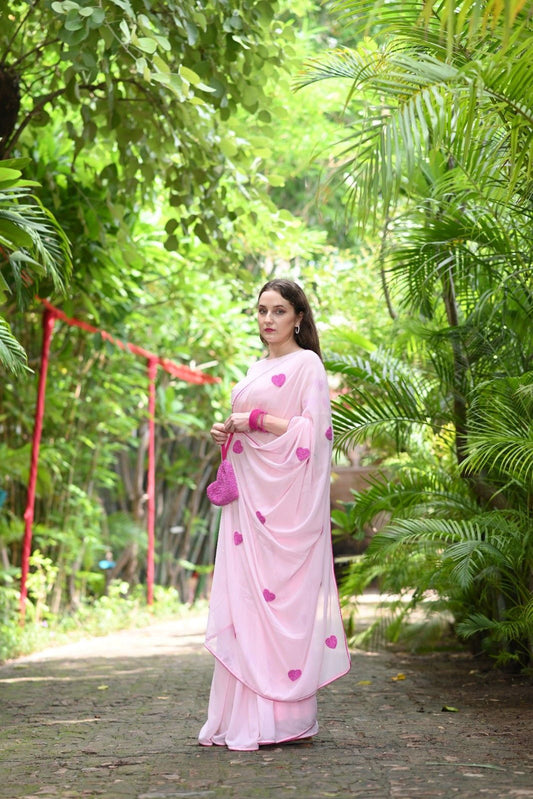 Pink on Pink Heart Georgette Saree - Ensembles