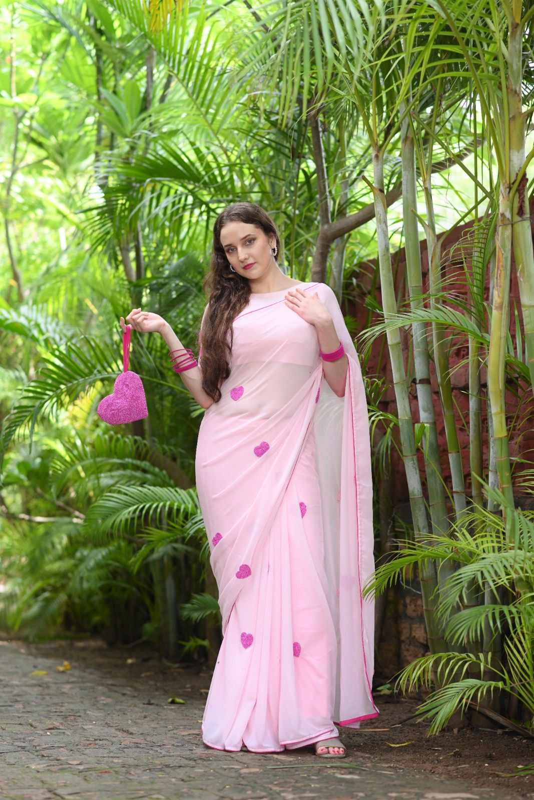 Pink on Pink Heart Georgette Saree - Ensembles
