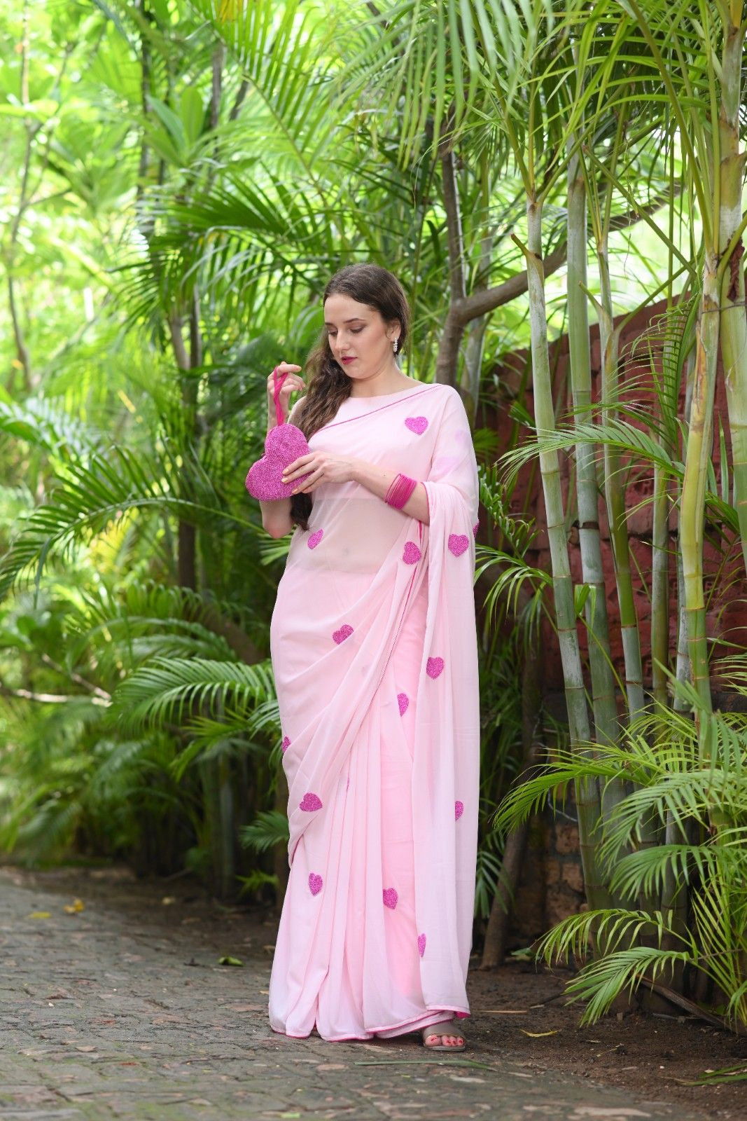 Pink on Pink Heart Georgette Saree - Ensembles