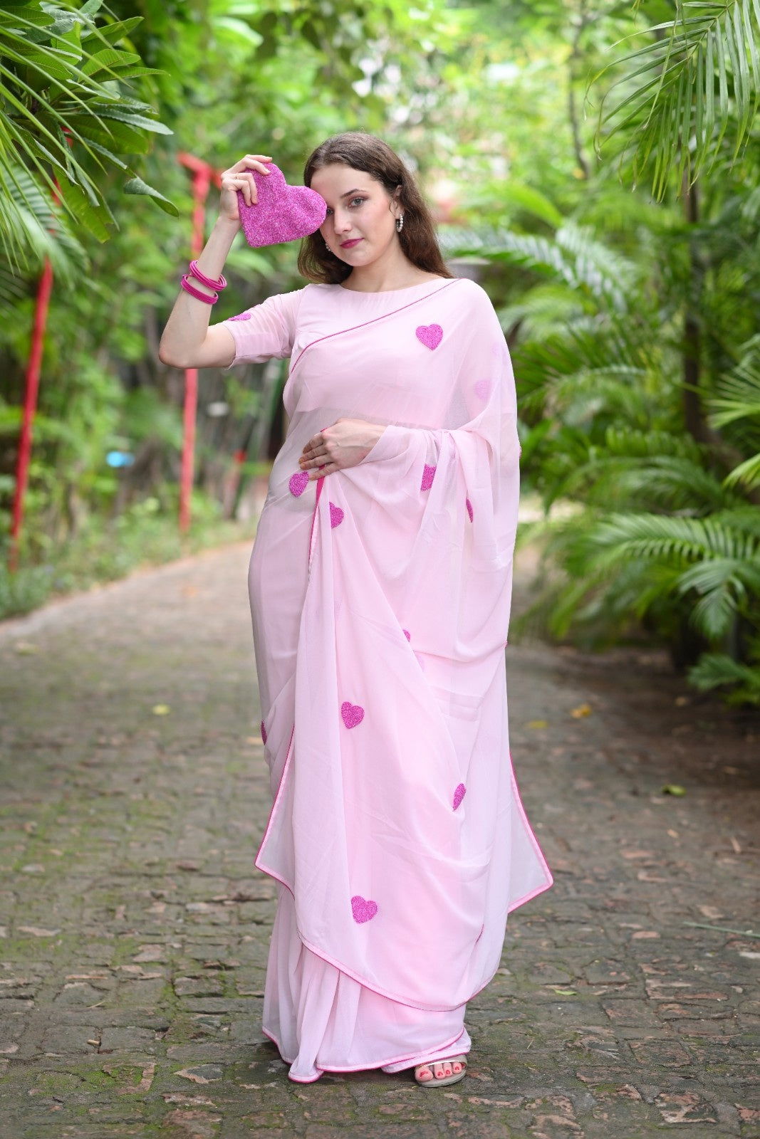 Pink on Pink Heart Georgette Saree - Ensembles