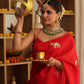 Red Elephant Hand-Embroidered Upada Silk Saree - Ensembles