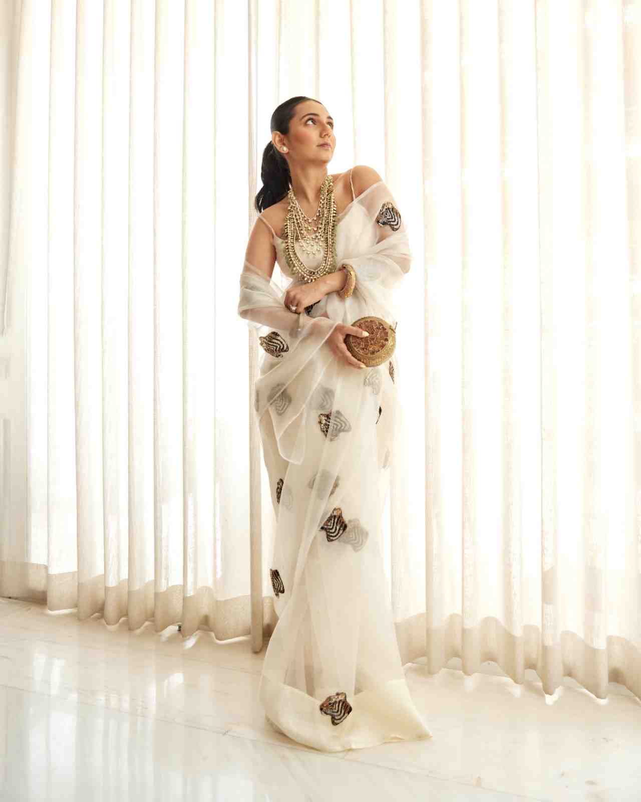 Roar Tiger Ivory Pure Silk Organza Saree - Ensembles