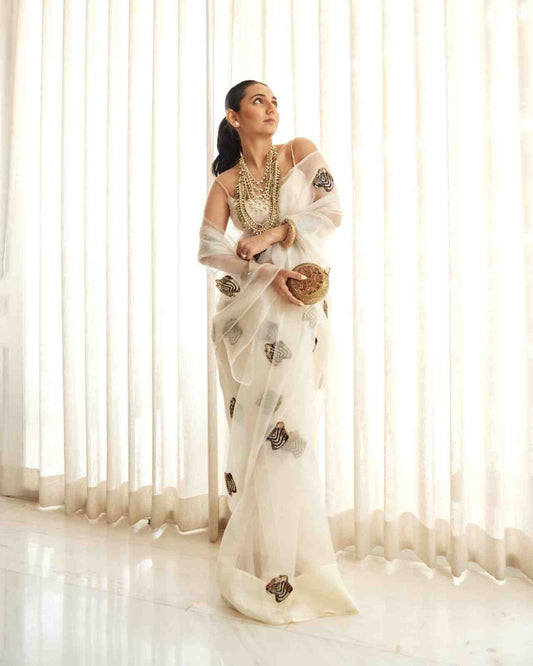 Roar Tiger Ivory Pure Silk Organza Saree - Ensembles