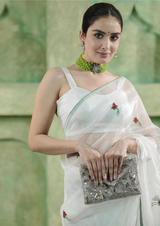 Rose White Organza Saree - Ensembles